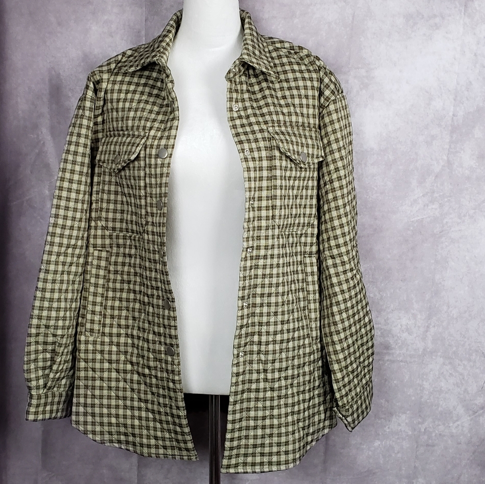 Miss Me Quilted Plaid Shacket Women Size L Olive Green Snap Button Coat Jacket